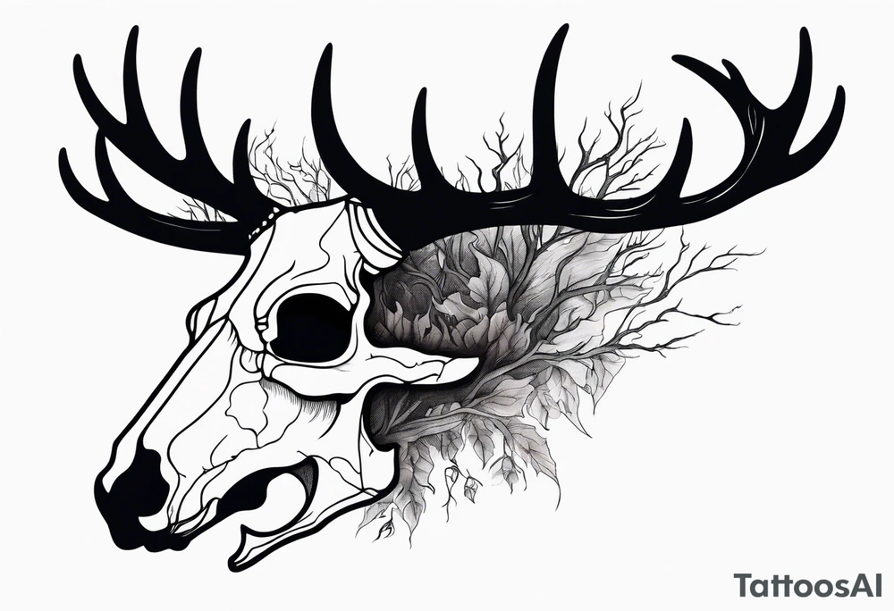 scary side view of a DECAYING deer skull JUST BONE surrounded by a forest fire in background tattoo idea