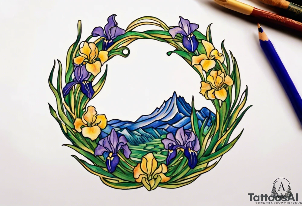 Create a small, delicate colorful Vincent van Gogh Irises tattoo in the form of a crescent, with vines or Celtic knots gracefully intertwining at a central point in the middle of the wreath.  In the middle of the wreath are mountains and other items found in New Mexico. Ensure that the design avoids the appearance of a bush and maintains a more structured and deliberate arrangement. The intended placement is on the upper chest. The overall design should be small in size while maintaining a delicate and artistic aesthetic. Pay attention to the graceful flow of the vines and the placement of the irises to achieve a refined and elegant look. Has to cover 2 by 4 inches wing tattoos tattoo idea