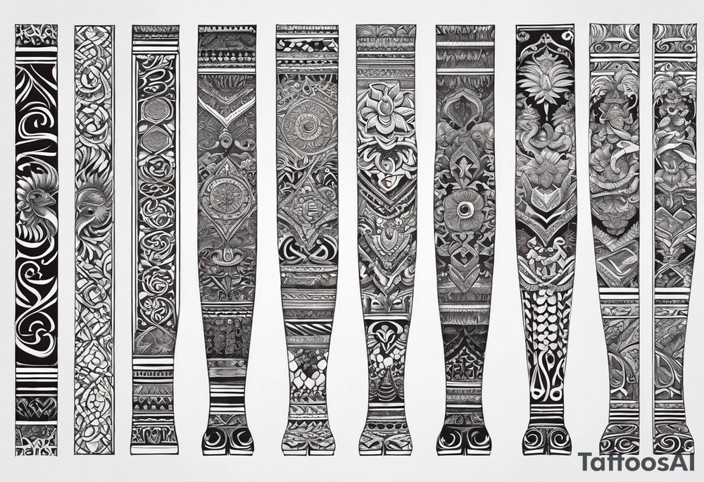 Hindu Sanskrit tribal design on right lower leg, below knee to top of feet for men. No too dark and more thicker lines. Include ancient Hindu animals, like Navagunjara, elephants, naina snake 5 heads. tattoo idea