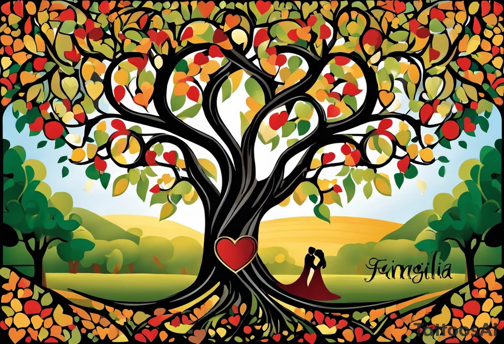 A family tree that wraps around your arm. The base of the tree represents Vince and Christina with a heart intertwined with your wedding date (10 Nov 2000).
The branches split into three main branches, each representing Vinny, Joey and Gianna with a single birth date (5 April 2003).
The phrase "La famiglia è tutto" (Family is everything) incorporated within the branches or roots. Incorporate italian flag colors tattoo idea