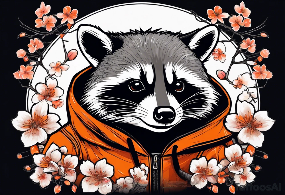 Raccoon wearing a white Superman logo on a black hoodie and orange Japanese cherry blossoms tattoo idea