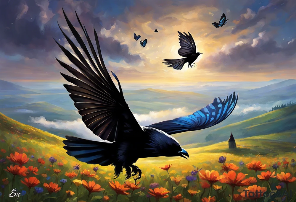 A butterfly flies towards the sky. Below the butterfly, a raven flies towards the sky. 
The butterfly and the raven are the same size
In the background is the name Malia.
In the background is the name SKF.
The number 89 can be seen in the background.
There is also a scorpion in the wing of the butterfly. tattoo idea