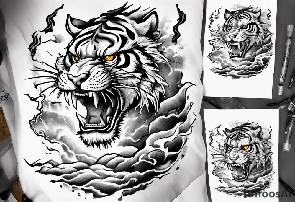 tiger warrior with lightning and the sun for a forearm sleeve tattoo idea