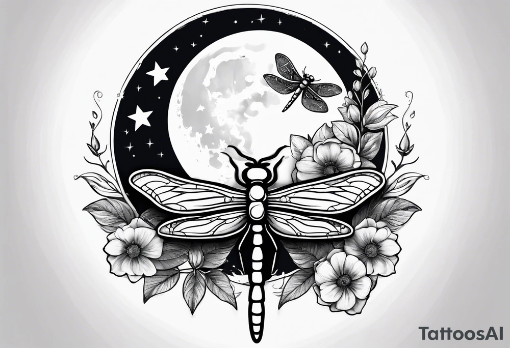 Floral moon phases with dragonfly and chain with stars in a line tattoo idea