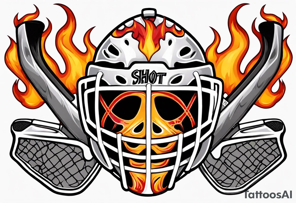 a goalie mask and crossed hockey sticks with flames that says "SHOT HOCKEY" tattoo idea