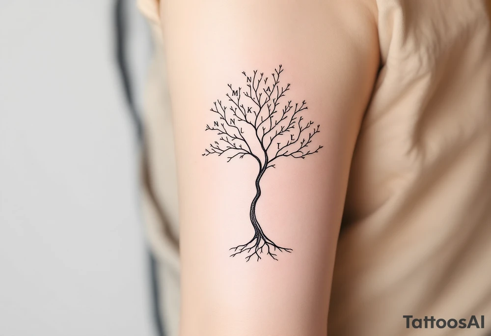 Minimalist Line Art Tree with Initials – A thin, elegant tree drawn in black fine line, with delicate branches all bearing initials "M, N, A, D, K, V, L, T" in subtle gray ink, rooted in a simple base. tattoo idea