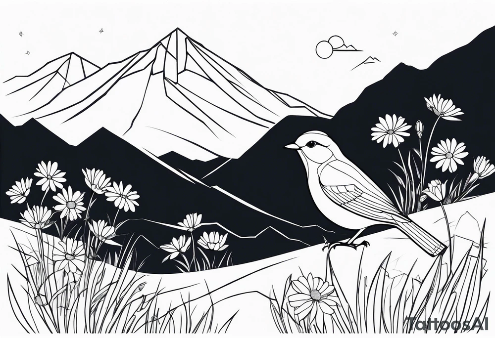 Geometric Black and white blue bird outline sitting in grass and daisys with mountains tattoo idea