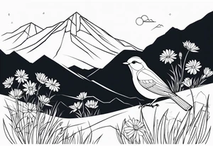 Geometric Black and white blue bird outline sitting in grass and daisys with mountains tattoo idea