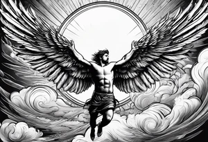 The man Icarus falling down from the sky with feathered wings with the sun up high tattoo idea