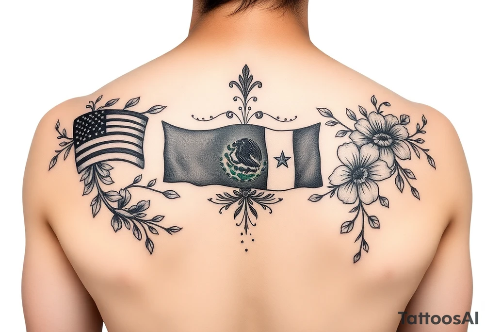 Small, feminine tattoo for placement on my clavical or lower back that reflects new life journey, delicate florals, ornaments and vines. Include U.S and Mexican flags and images of Mexican flowers. Style as if painted on a Mexican tile and include red, green and blue accents. tattoo idea