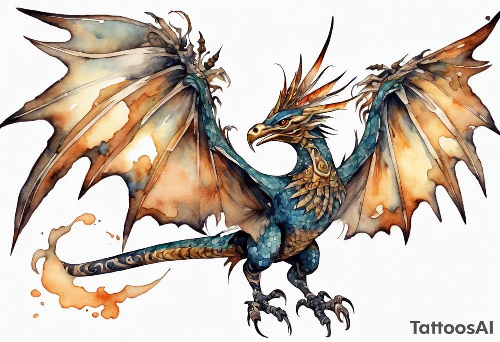 a watercolor of a bird-wyvern hybrid wearing an iron crown, flying tattoo idea