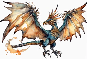 a watercolor of a bird-wyvern hybrid wearing an iron crown, flying tattoo idea