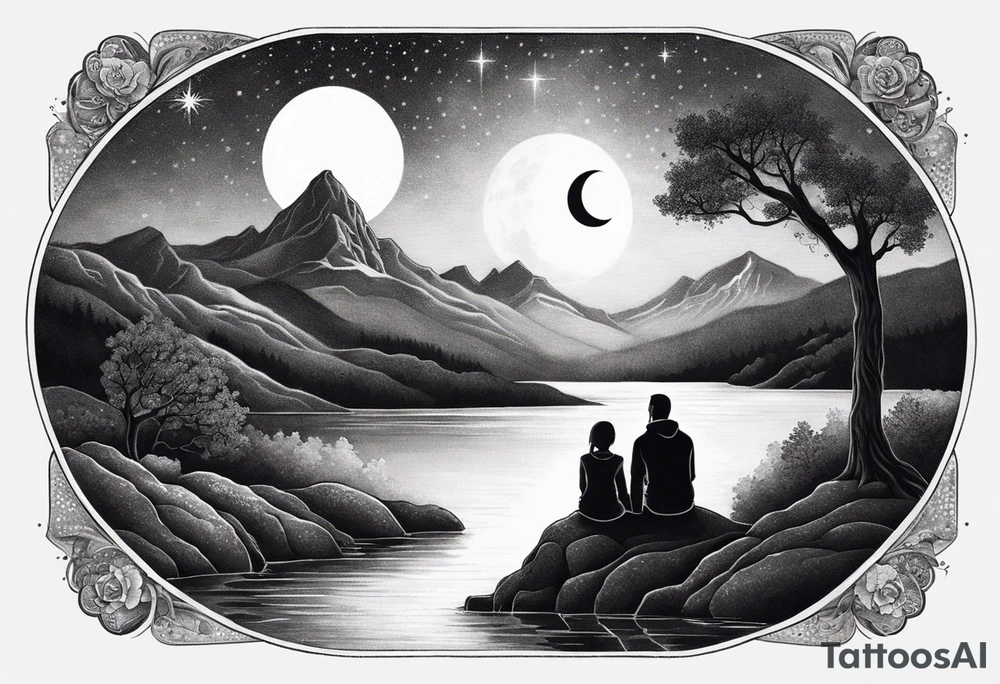 a family of three sitting in a nature with mountains, waterfall, water, and a cross in the background and and moon in the sky with stars tattoo idea