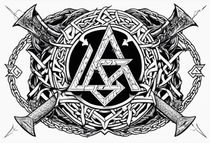 Valhalla sword shield axe barbed wire chains valknut fire dragon tattoo idea