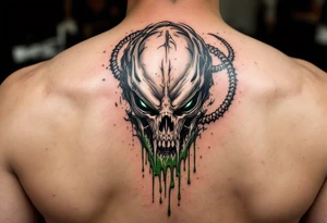 The skull of a Xenomorph with an acid drip effect, dripping a metallic green liquid that pools into intricate tribal patterns. tattoo idea