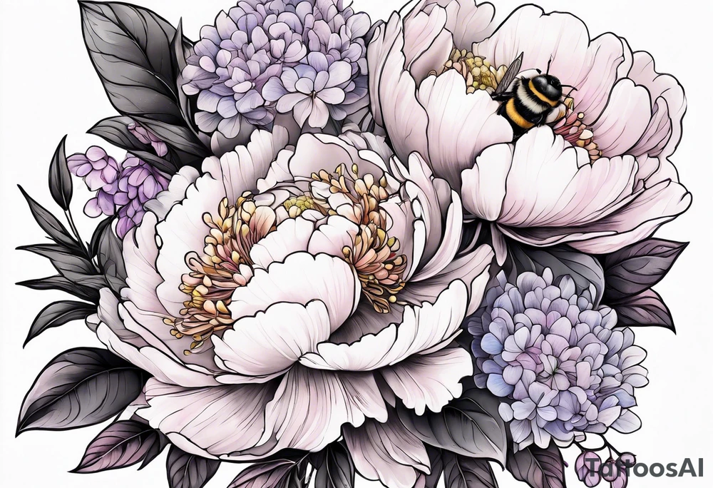 Bouquet of peony with hydrangea and leaves and a bumblebee lilac flowers tattoo idea