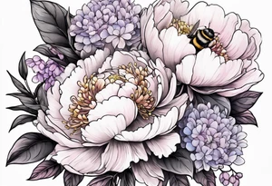 Bouquet of peony with hydrangea and leaves and a bumblebee lilac flowers tattoo idea