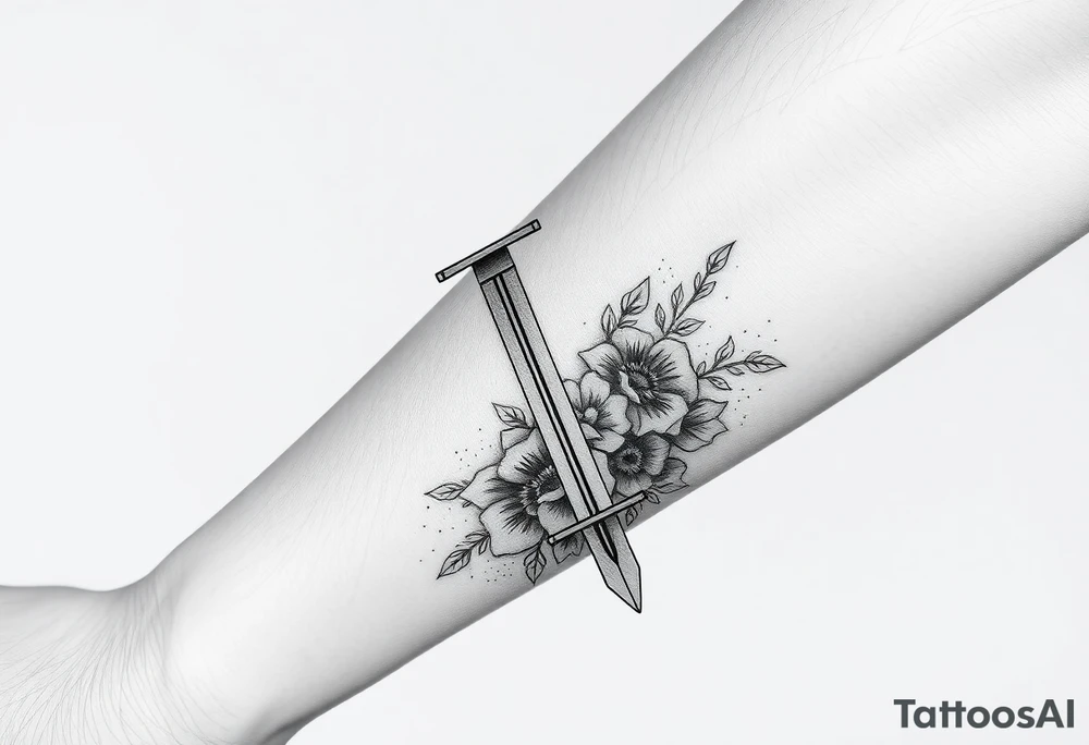 Masculine Japanese sword with flowers around it forearm tattoo idea
