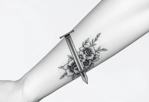 Masculine Japanese sword with flowers around it forearm tattoo idea