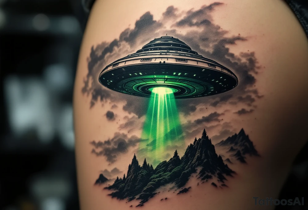 A UFO hovering over a realistic landscape, casting a green glow in deep black, luminescent green, and subtle silver tones. tattoo idea