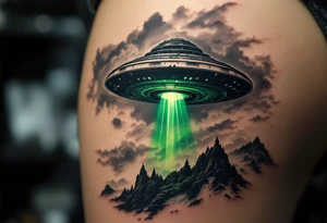 A UFO hovering over a realistic landscape, casting a green glow in deep black, luminescent green, and subtle silver tones. tattoo idea