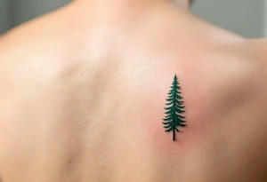 Two matching pine trees in forest green ink, the first taller and on the back, the second smaller and on the inner arm. tattoo idea