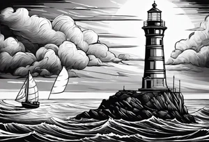 phare maritime dans un bateau a voiles vu du devant. tattoo idea