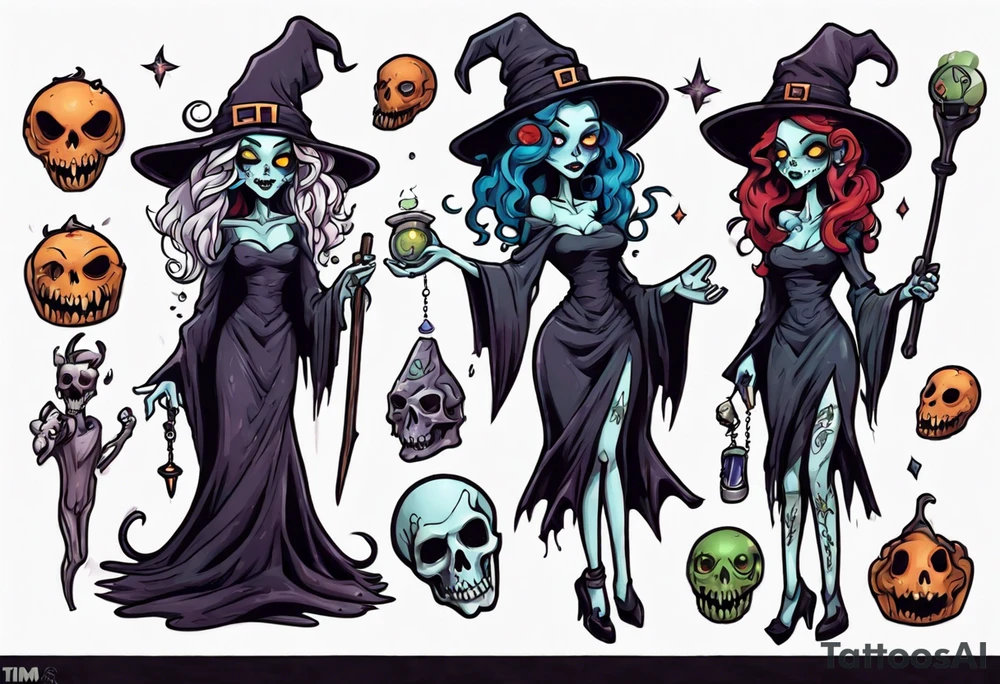 a Tim Burton-style witch necromancer tattoo idea