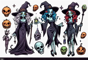 a Tim Burton-style witch necromancer tattoo idea