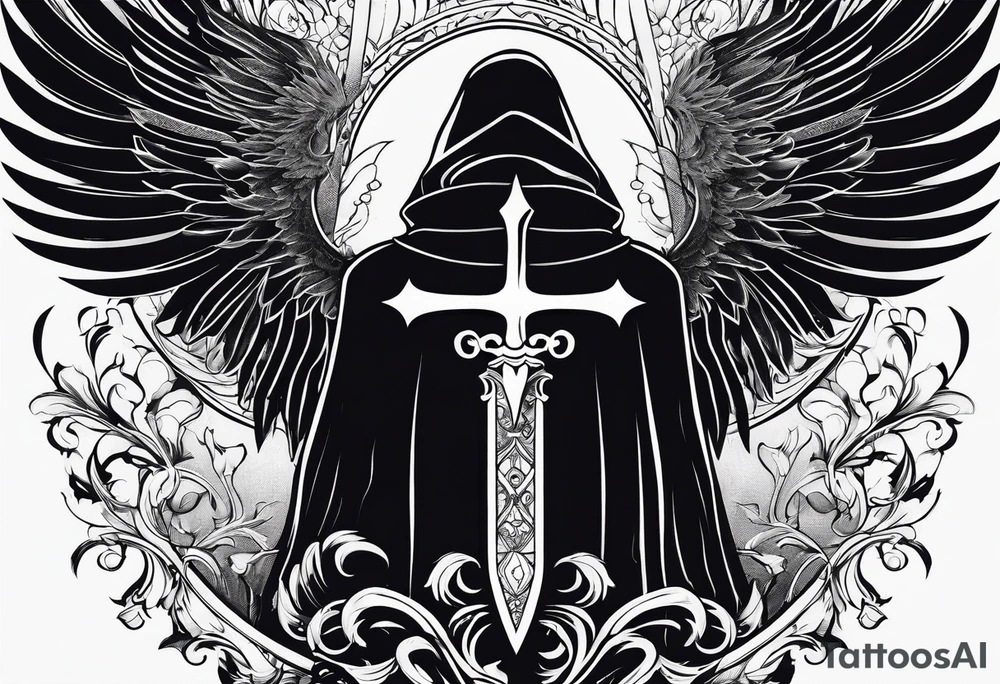 Shadow cloak with beautiful dagger in a form of protection tattoo idea