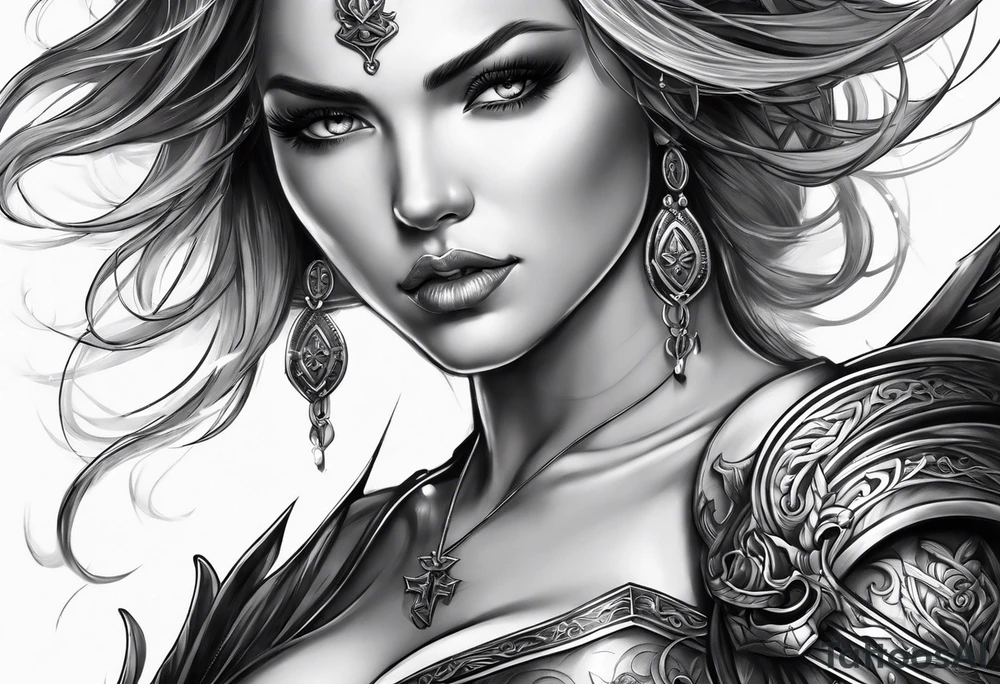 Female angel with sword lightning and lightning eyes tattoo idea