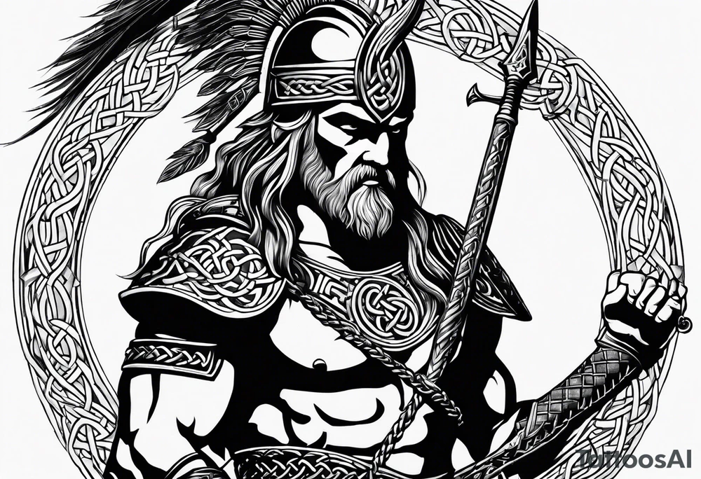 Side facing full body shot of Celtic warrior with weapon unsheathed. tattoo idea