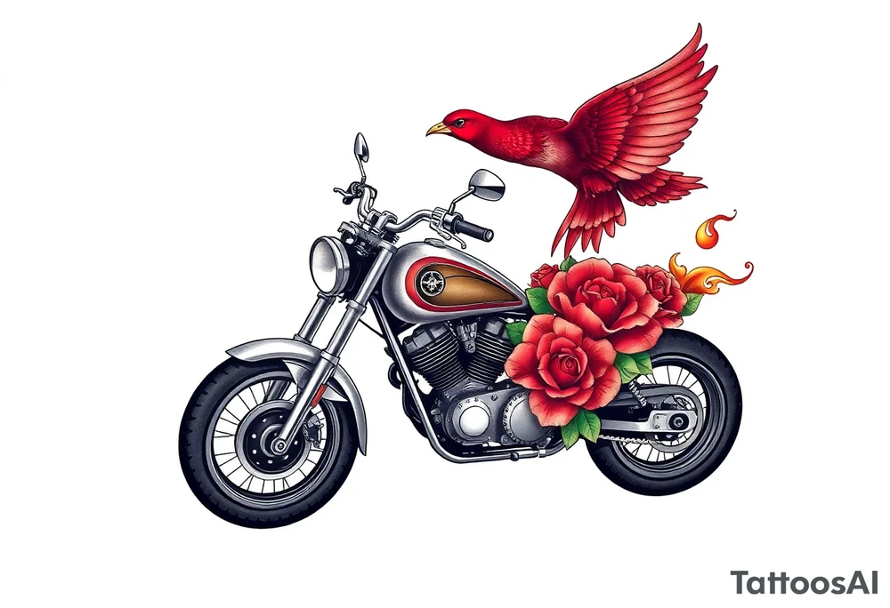 Motorcycle, red bird flying, roses and lace, flames tattoo idea