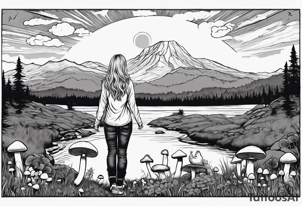 Whole picture encircled fully

Straight long blonde hair hippie girl in distance holding mushrooms in hand facing away toward mountains and creek surrounded by mushrooms long sleeve shirt and hiking pants; whole rendering within a full circle, no cut off circle tattoo idea