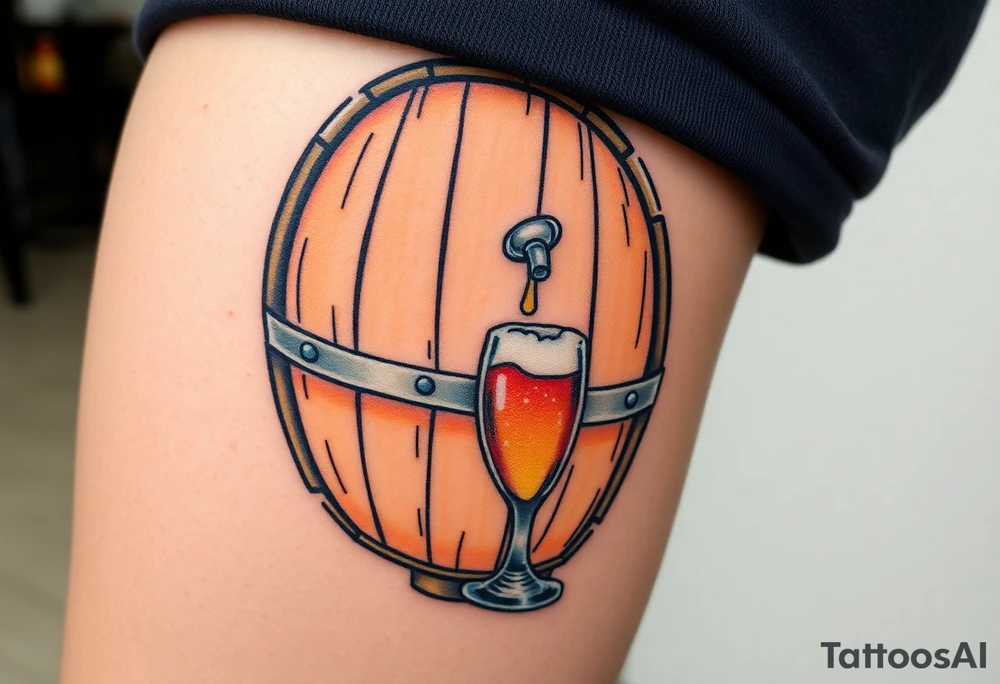 A realistic wooden beer barrel with metal bands, with beer dripping from open tap and beer glass standing near it tattoo idea