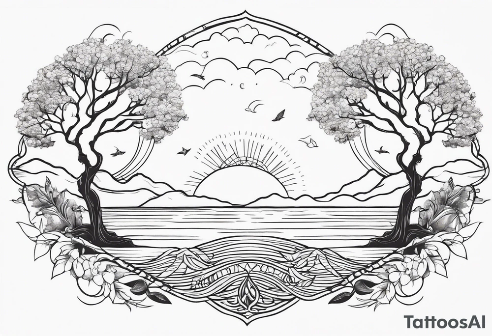 calm sea and tree of life tattoo idea