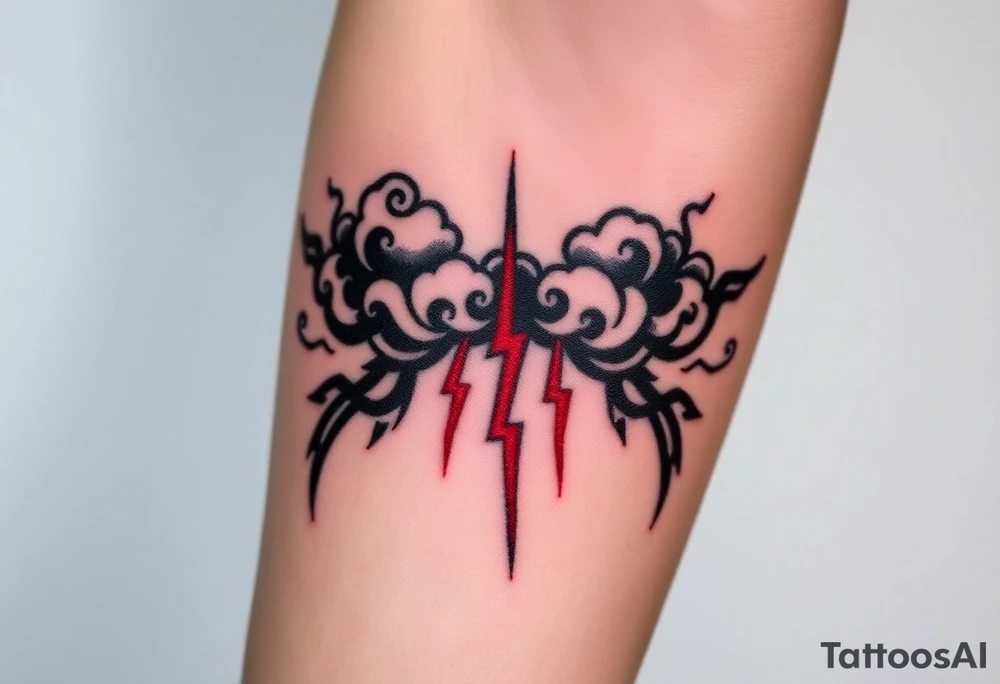 Dark, black menacing storm clouds with creepy red bolts of lightning coming down tattoo idea