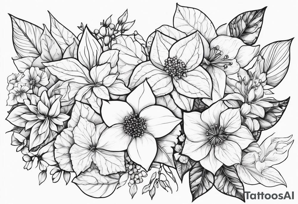Hydrangea, Narcissus, Poinsettia, Holly, Gladiolus, Poppy, Daisy, Sweet Pea floral tattoo idea