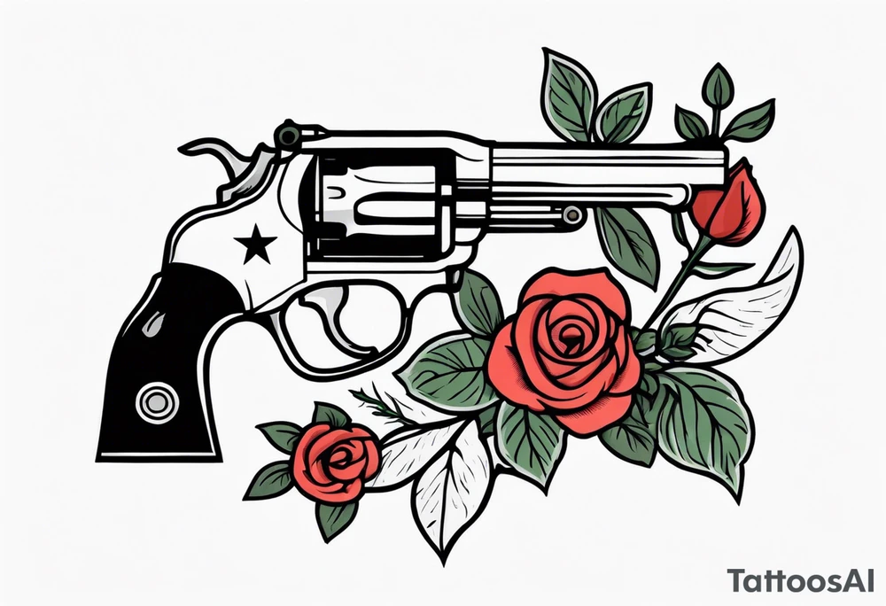 Revolver, roses, plants, pentagram tattoo idea