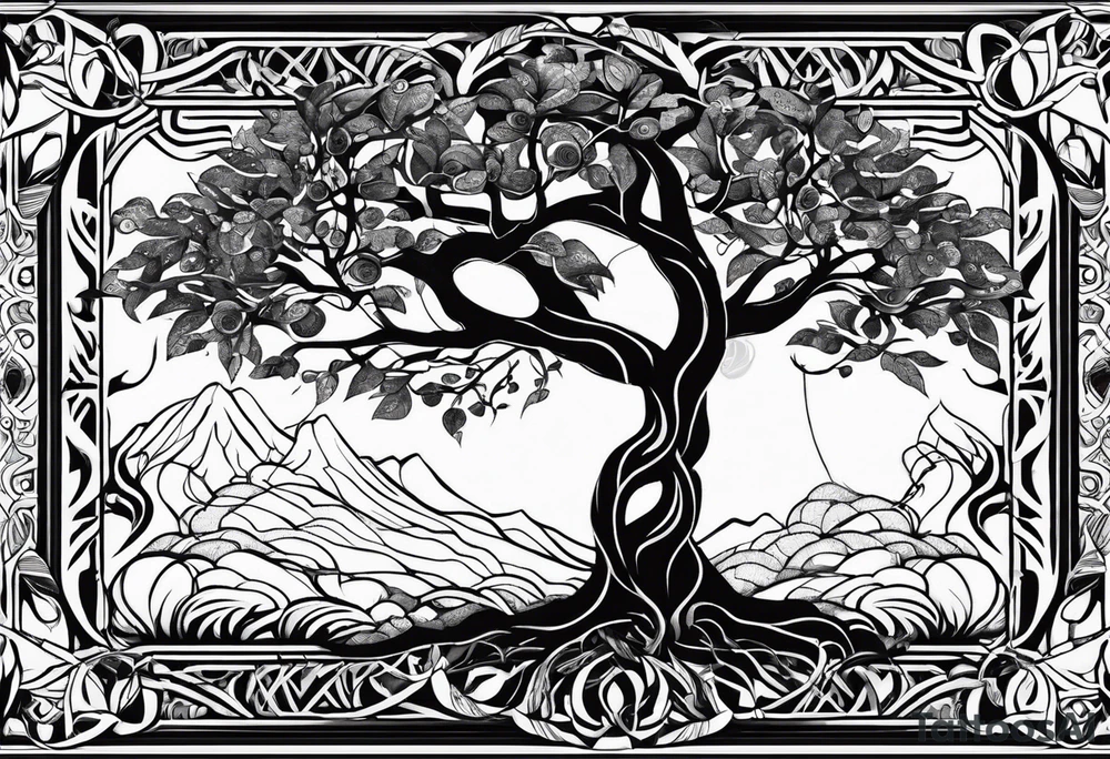 create a tree of life fusing with the tree of knowledge. tattoo idea