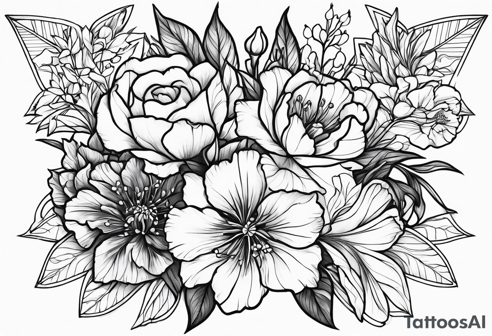 Flowers including larkspur and carnations tattoo idea