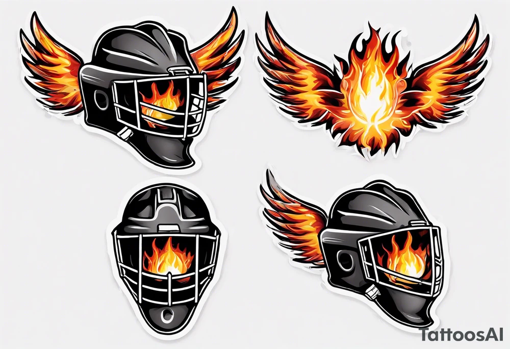 hockey puck with flaming wings and a goalie mask that says "SHOT HOCKEY" tattoo idea