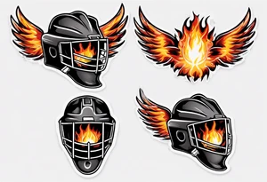 hockey puck with flaming wings and a goalie mask that says "SHOT HOCKEY" tattoo idea