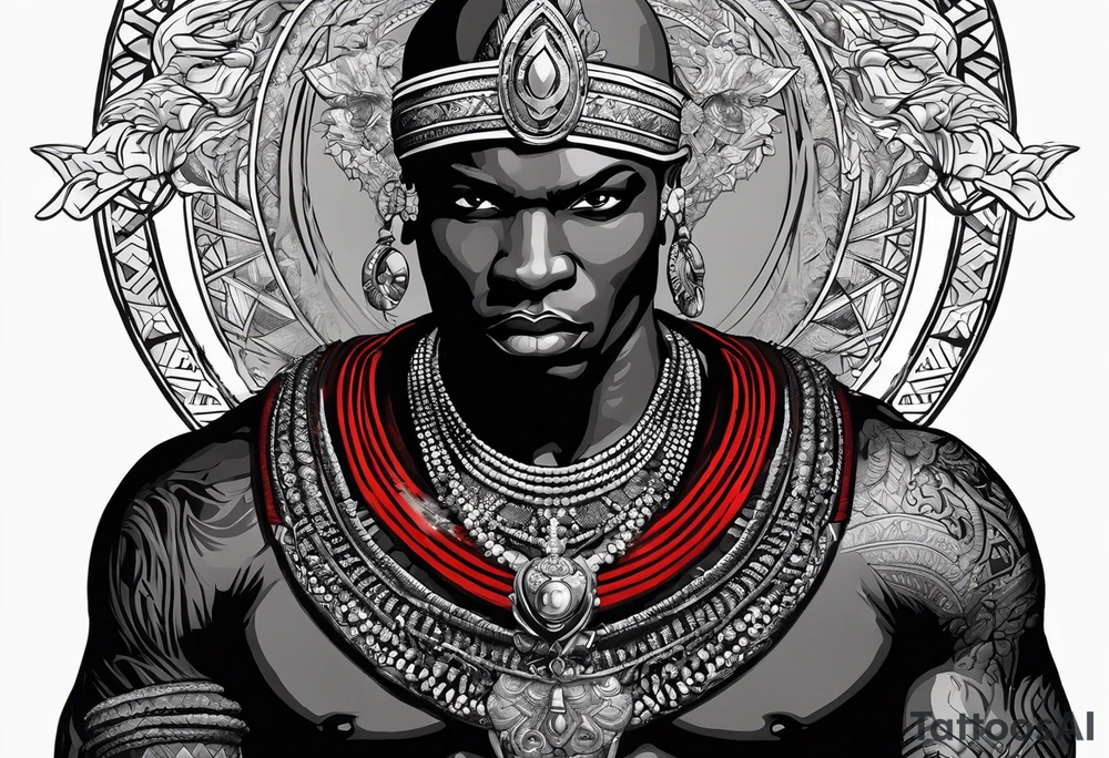 Black-skinned bald african warrior. He is a god of the war. Wears a simple red necklace and a silver crown tattoo idea