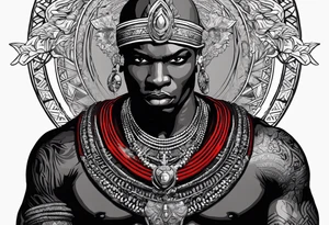 Black-skinned bald african warrior. He is a god of the war. Wears a simple red necklace and a silver crown tattoo idea