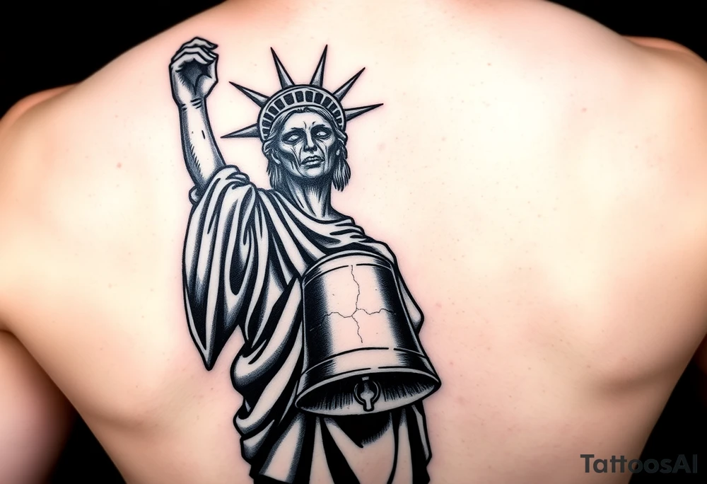 Black and grey tattoo design of Lady Liberty as a zombie, left arm outstretched, holding a cracked Liberty Bell resembling the bell from Metallica’s ‘For Whom the Bell Tolls’. Dark, gritty style with dramatic shadows, decayed and tattered robe details, gothic realism tattoo idea