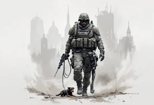 Soldier and Combat Dog – A soldier in olive green armor, with a loyal black-and-brown combat dog beside him, both covered in dirt, walking through a war-torn cityscape. tattoo idea