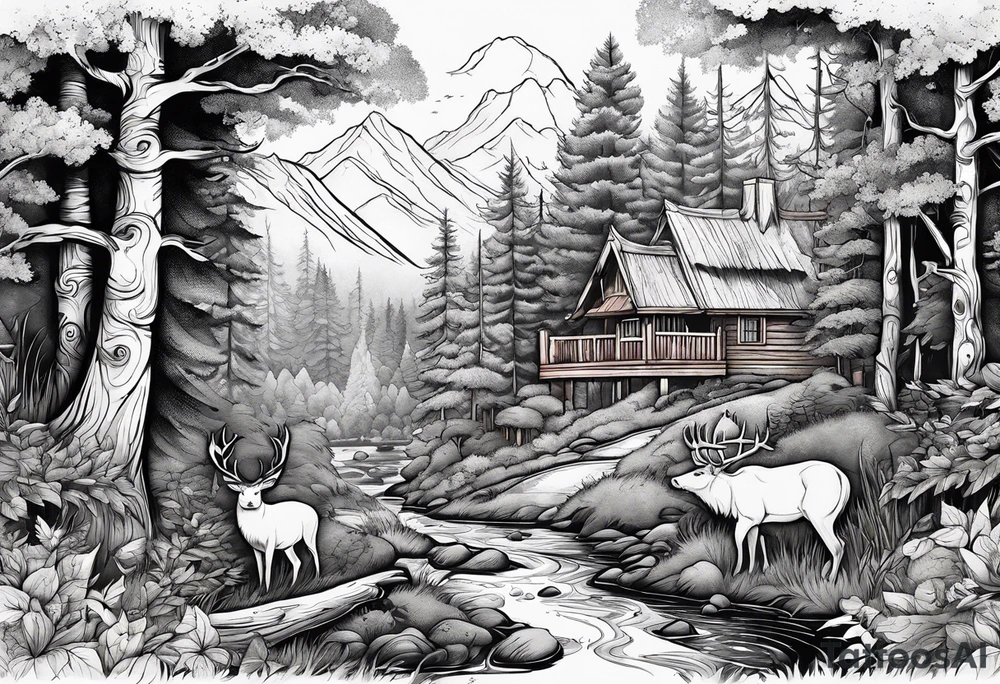 Forest with a lot of trees and animals roaming tattoo idea
