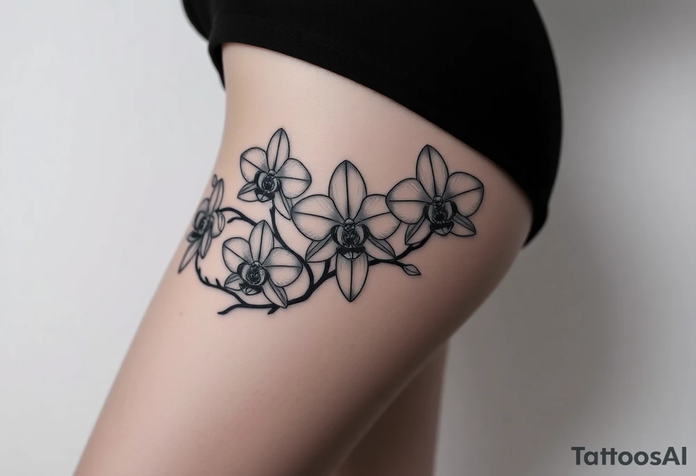 Five delicate fine line orchids different size realistic a mix with vagina female. Are connected with branches tattoo idea