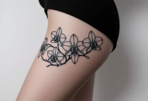 Five delicate fine line orchids different size realistic a mix with vagina female. Are connected with branches tattoo idea